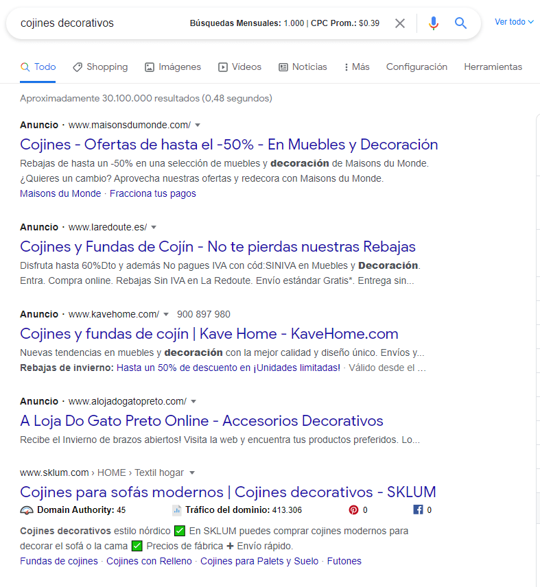 Búsqueda en Google de "cojines decorativos"