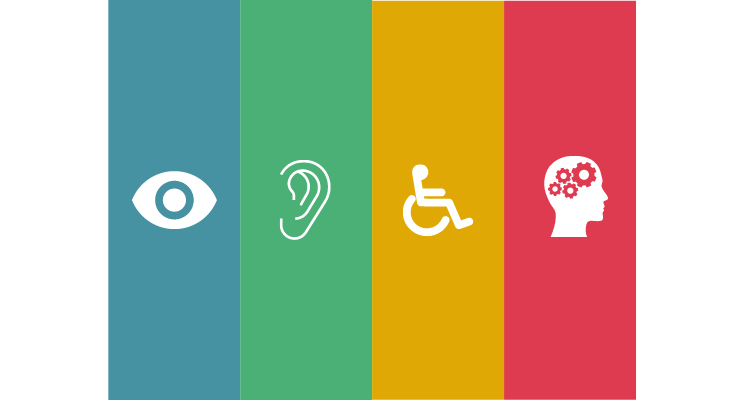 Las discapacidades más comúnes son visuales, auditivas, motrices y cognitivas.
