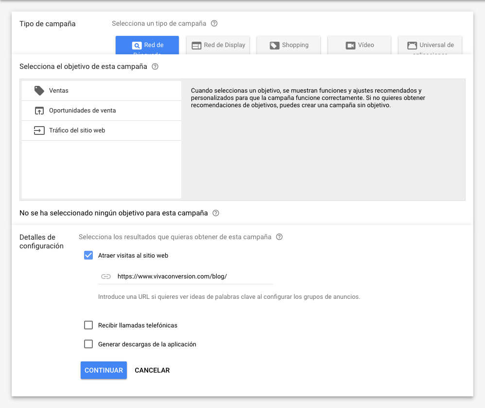 Puedes elegir los anuncios dinámicos de búsqueda sin objetivos concretos.