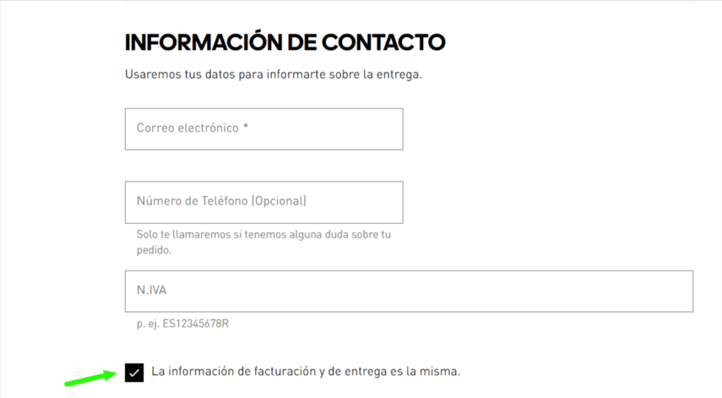 Checkbox en formulario de dirección de Adidas para la dirección de facturación