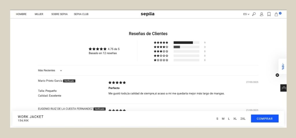 reseñas en la ficha de producto